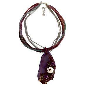 Boho Simulated Agate Slab Beaded Necklace Purple